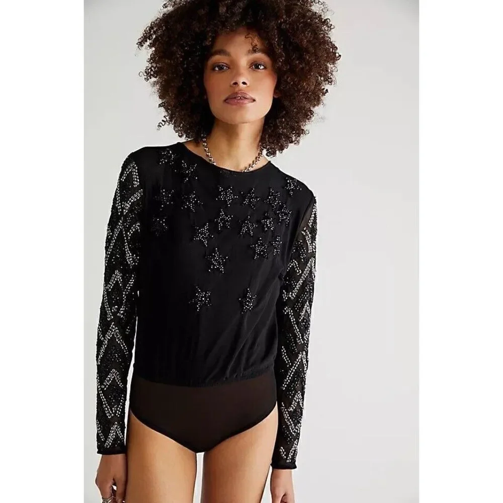 NWT FREE PEOPLE Sz M STARGAZER BODYSUIT SEQUIN EMBELLISHED MESH IN BLACK